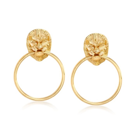 Italian 18kt Yellow Gold Over Sterling Silver Lion Head Doorknocker Earrings - Picture 7 of 11